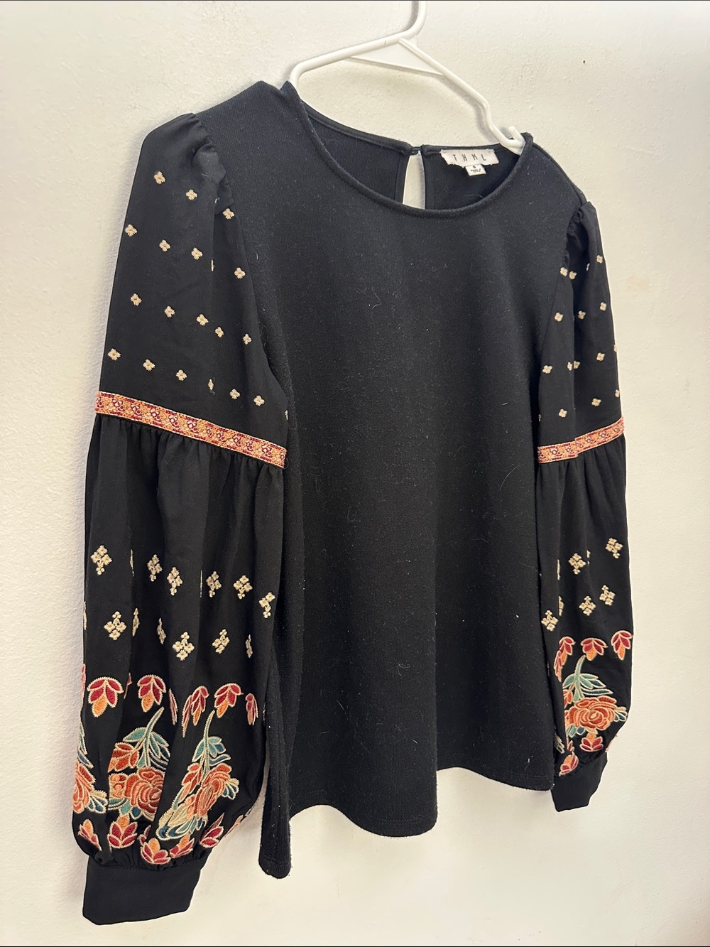 THML Black Long-Sleeve Tunic with Embroidered Floral Balloon Sleeves - NWOT